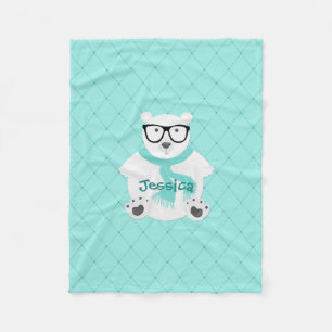 Cute Hipster Polar Bear Teal Faux Quilt Name Fleece Blanket