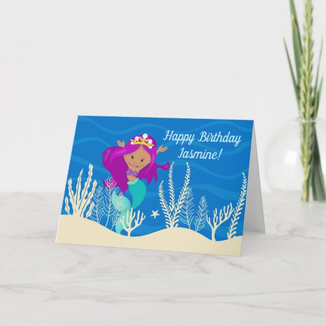 Cute Hispanic Mermaid Birthday Girl Custom Kids Card (Front)