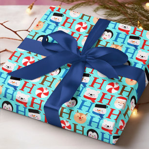 Cute Ho Ho Ho Kids Christmas Blue Modern Holidays Wrapping Paper