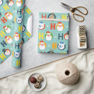 Cute Ho Ho Ho Santa Snowman Reindeer Christmas Wrapping Paper