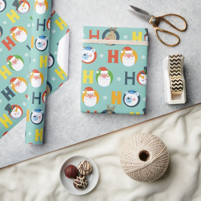 Cute Ho Ho Ho Santa Snowman Reindeer Christmas Wrapping Paper (Crafts)