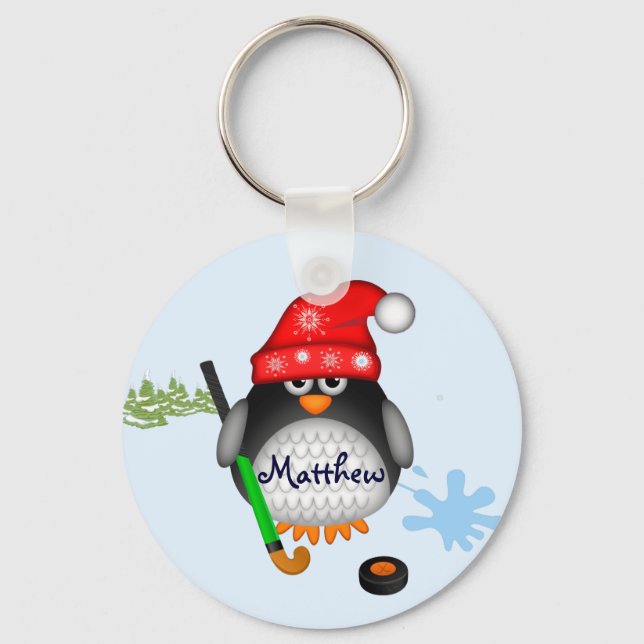 Cute Hockey penguin with hat and custom name Key Ring (Front)