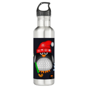 Cute hockey penguin with red hat and Xmas trees 710 Ml Water Bottle