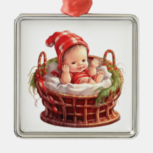 CUTE HOLIDAY BABY DRESSED IN RED IN BASKET METAL TREE DECORATION