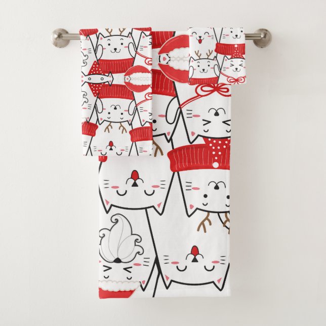 Cute Holiday Cat Design Bath Towel Set (Insitu)