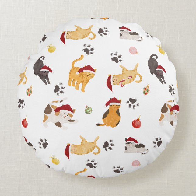 Cute Holiday Cat Pattern Round Cushion (Front)
