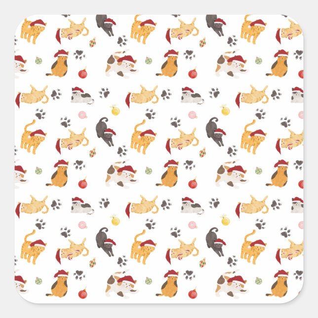 Cute Holiday Cat Pattern Square Sticker (Front)