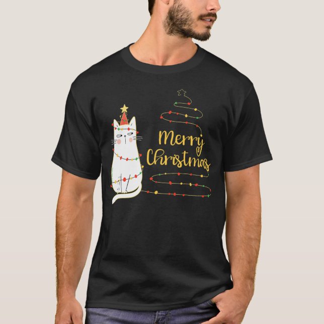 Cute Holiday Cat Tree Merry Christmas Cat Lovers T-Shirt (Front)