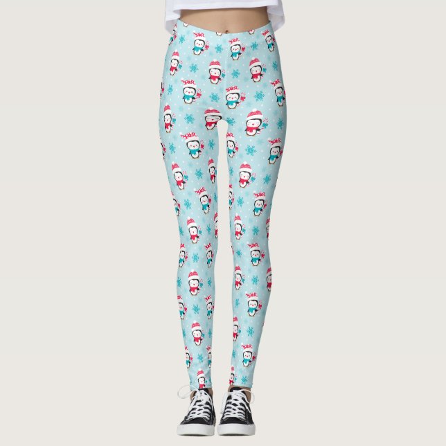 Cute Holiday Christmas Winter Penguin Pattern Leggings (Front)
