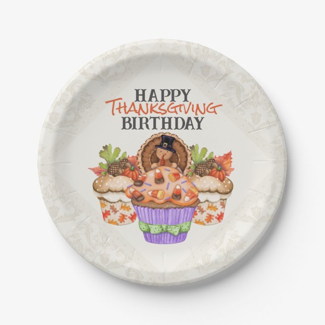 Cute Holiday Cupcakes Happy Thanksgiving Birthday Paper Plate (Front)