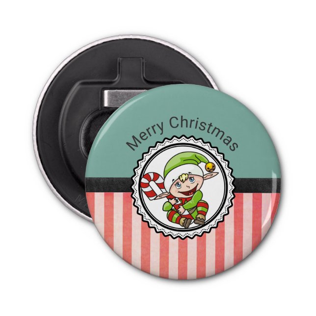 Cute Holiday Elf with Candy Cane Merry Christmas Bottle Opener (Front)