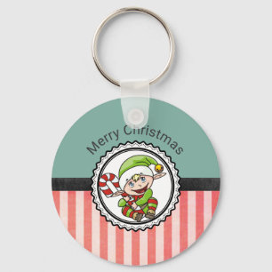 Cute Holiday Elf with Candy Cane Merry Christmas Key Ring