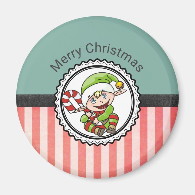 Cute Holiday Elf with Candy Cane Merry Christmas Magnet (Front)