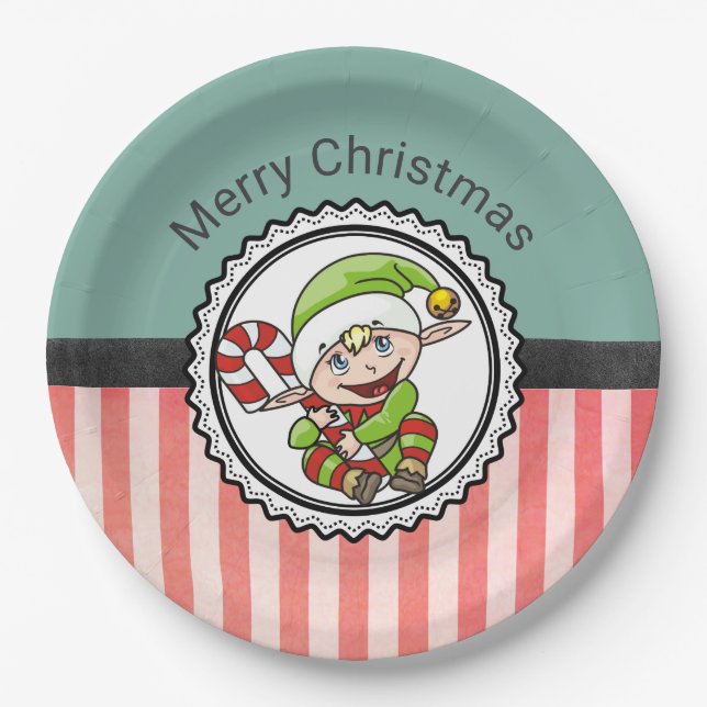 Cute Holiday Elf with Candy Cane Merry Christmas Paper Plate (Front)