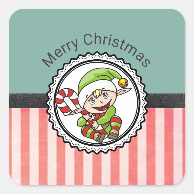 Cute Holiday Elf with Candy Cane Merry Christmas Square Sticker (Front)