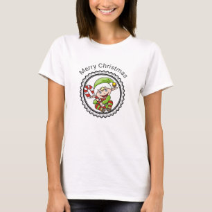 Cute Holiday Elf with Candy Cane Merry Christmas T-Shirt