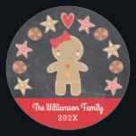 Cute Holiday Gingerbread Girl Cookie Chalkboard Classic Round Sticker<br><div class="desc">A cute gingerbread girl and a cookie circle on a dark grey chalkboard background, along with playful white script typography on a red band, will delightfully help decorate your envelopes for Christmas. Feel the warmth and joy of the holiday season whenever you use this fun, simple, modern, custom, holiday sticker....</div>