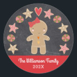 Cute Holiday Gingerbread Girl Cookie Chalkboard Classic Round Sticker<br><div class="desc">A cute gingerbread girl and a cookie circle on a dark grey chalkboard background, along with playful white script typography on a red band, will delightfully help decorate your envelopes for Christmas. Feel the warmth and joy of the holiday season whenever you use this fun, simple, modern, custom, holiday sticker....</div>