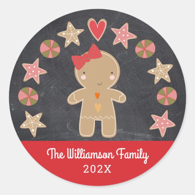 Cute Holiday Gingerbread Girl Cookie Chalkboard Classic Round Sticker (Front)