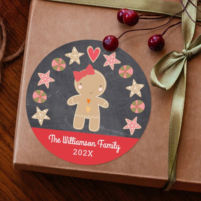 Cute Holiday Gingerbread Girl Cookie Chalkboard Classic Round Sticker (Creator Uploaded)