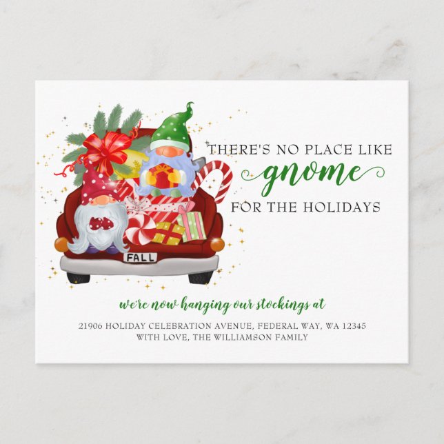 Cute Holiday Gnome Red Truck We've Moved Postcard (Front)