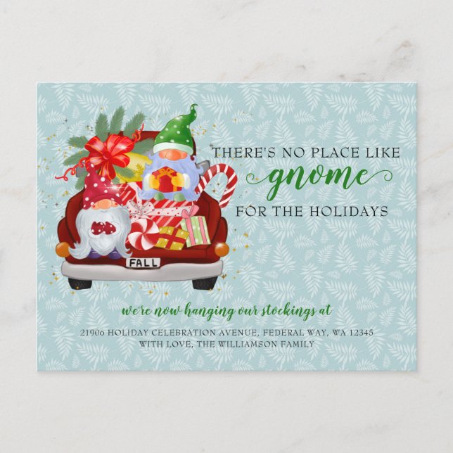 Cute Holiday Gnome Red Truck We've Moved Postcard (Front)