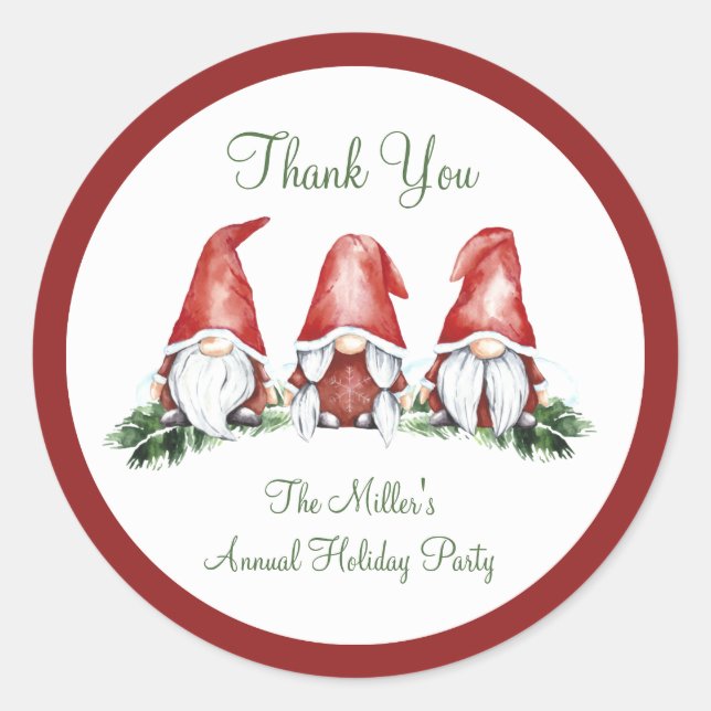 Cute Holiday Gnome, Thank You Round Sticker (Front)