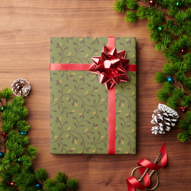 Cute holiday green brown floral patterns gift wrap (Holiday Gift)