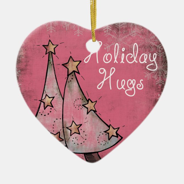 cute holiday hugs pink christmas trees ceramic tree decoration (Front)