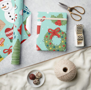 Cute Holiday Icons Snowman Mint Blue Christmas Wrapping Paper