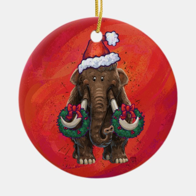 Cute Holiday Mastodon  Ceramic Tree Decoration (Front)