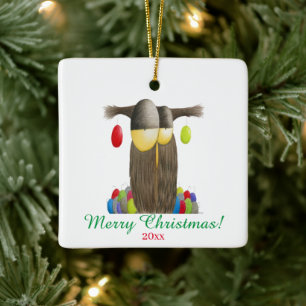 Cute Holiday Owl Illustration Ceramic Ornament