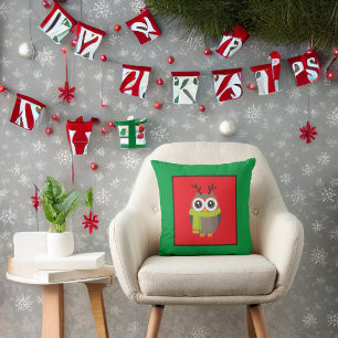 Cute Holiday Owl on Red and Green Cushion