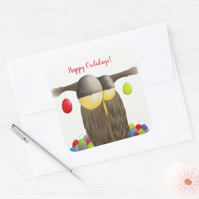 Cute Holiday Owl Square Sticker (Envelope)