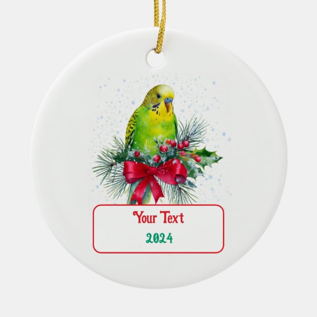 Cute Holiday Parakeet and Christmas Bow Ceramic Tree Decoration (Front)