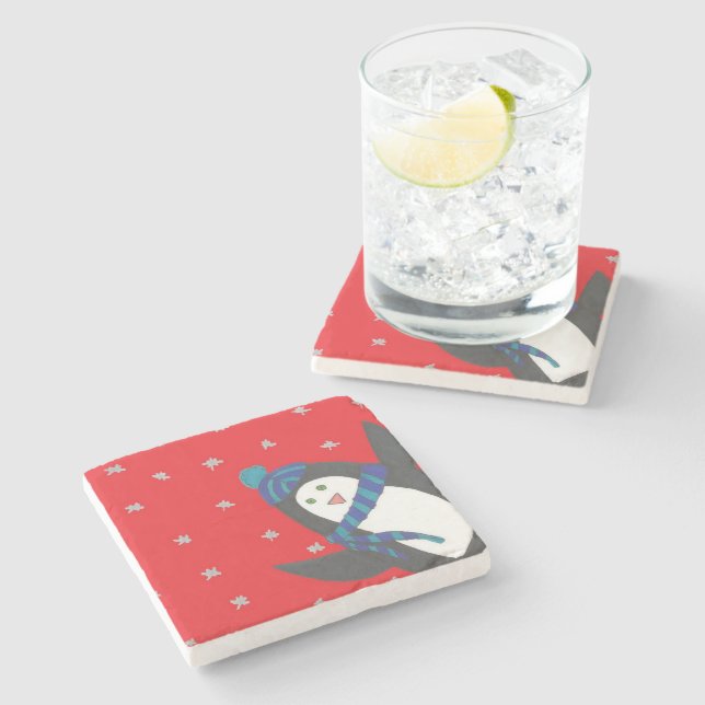 Cute Holiday Penguin Stone Coaster (Side)