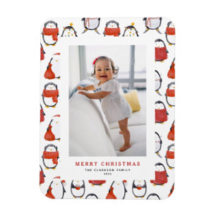 Cute Holiday Penguins Pattern Christmas Photo Magnet