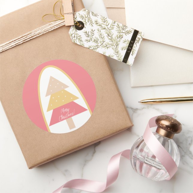 Cute Holiday Pink  Tree Classic Round Sticker (Gifting)