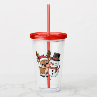 Cute Holiday Reindeer & Snowman Acrylic Tumbler