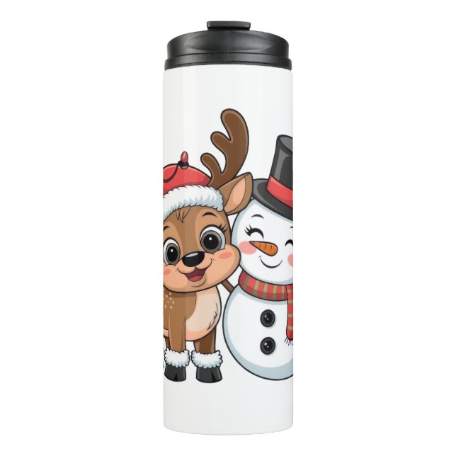 Cute Holiday Reindeer & Snowman Thermal Tumbler (Front)