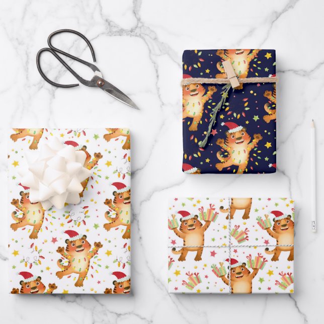 Cute Holiday Tiger Wrapping Paper Sheets (Front)