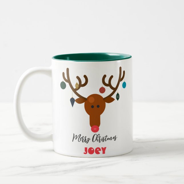 Cute Holiday Whimsical Reindeer Christmas Ball  Two-Tone Coffee Mug (Left)