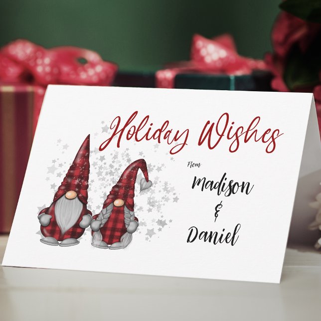 Cute Holiday Wishes Rustic Gnome Red Buffalo Plaid Card (Creator Uploaded)