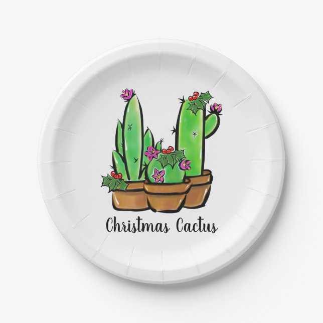 Cute holiday Xmas Cactus cacti succulents  Paper Plate (Front)