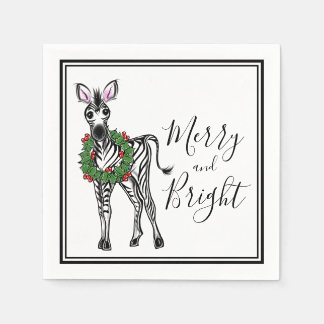 Cute Holiday Zebra drawing with Holly wreath Napkin (Front)