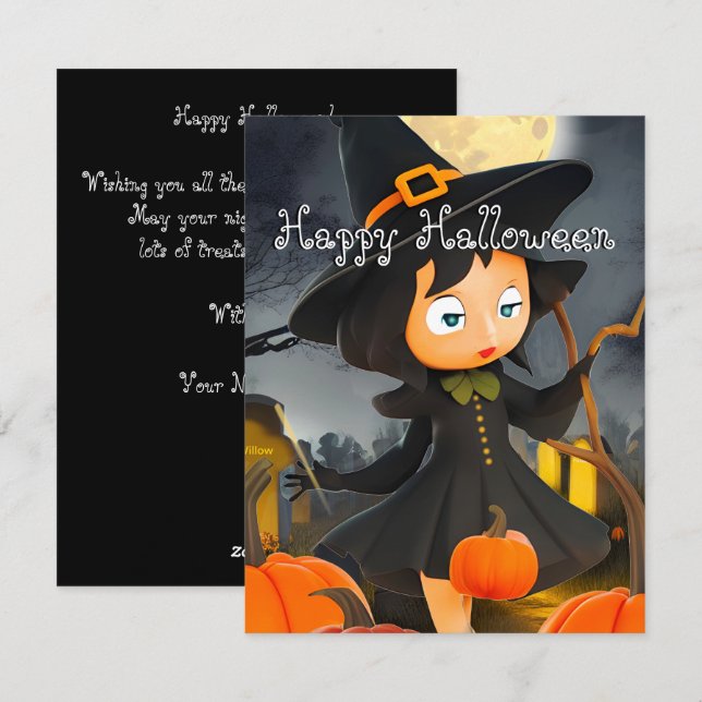 Cute Holloween Witch Full Moon Pumpkin Patch Holid Holiday Card (Front/Back)