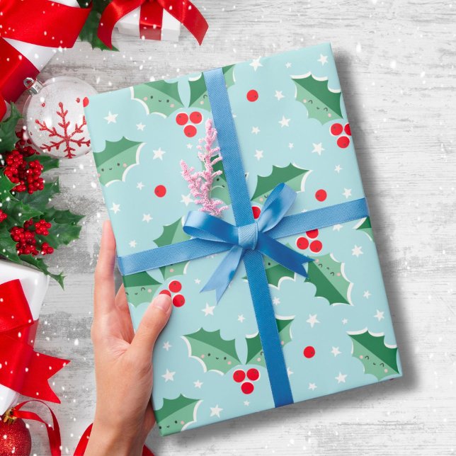 Cute Holly Berries Christmas light blue Wrapping Paper (Creator Uploaded)