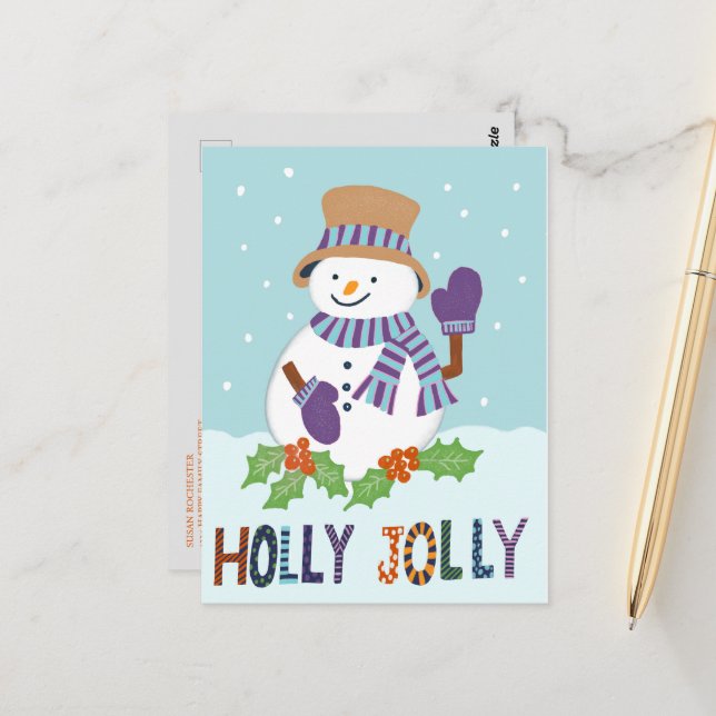 Cute Holly Jolly Snowman Christmas Holiday Photo  Postcard (Front/Back In Situ)
