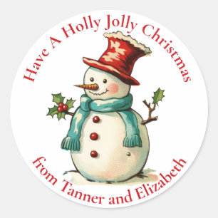 Cute Holly Jolly Snowman Custom Christmas Classic Round Sticker