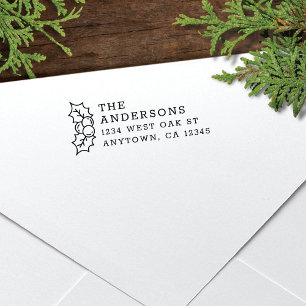 Cute Holly Leaves + Berries Holiday Return Address Self-inking Stamp